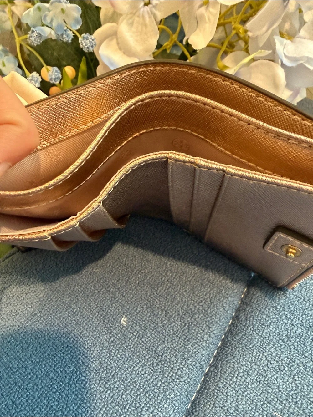 Tory Burch Metallic Rose Gold Compact Zip Wallet